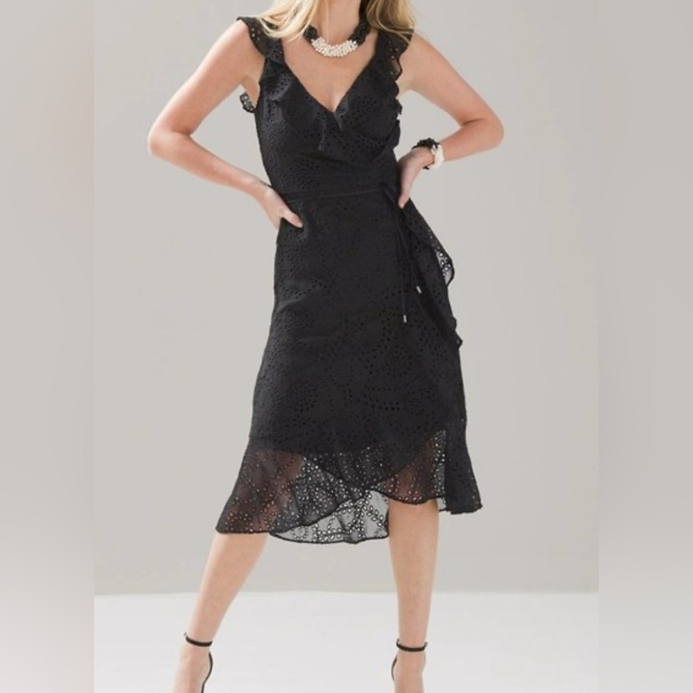 WHBM Black Eyelet Ruffle Wrap Dress great for new year’s evening